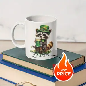 2026  St. Patrick's Day Bunny Mug, Custom Animal Coffee Cup for St. Paddy's Day, Personalized St. Patrick's Day Bunny Mug, Custom Animal Coffee Cup for St. Paddy's Day Name St. Patrick's Day Theme Mug, White Cup, Custom Rabbit and Grassland Porcelain 11oz