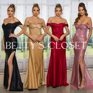 Aurora Flower Embellished Corset Satin Off Shoulder Gown