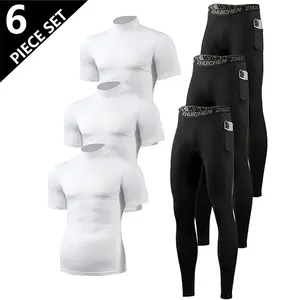 6 Pack Men's Workout Set: White Compression Tees & Black Running Tights with Phone Pocket for Gym & Fitness All Seasons Athletic Clothes