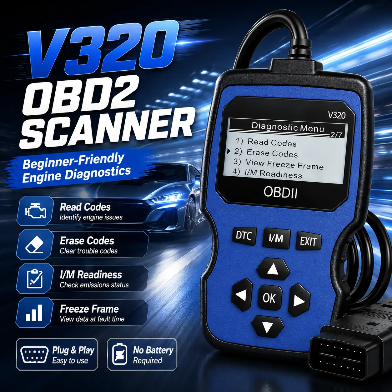 V320 OBD2 Scanner Code Reader, automotive engine diagnostic tool with code reading and clearing, I/M readiness check, freeze frame data, and DTC lookup for most 12V OBDII/EOBD vehicles