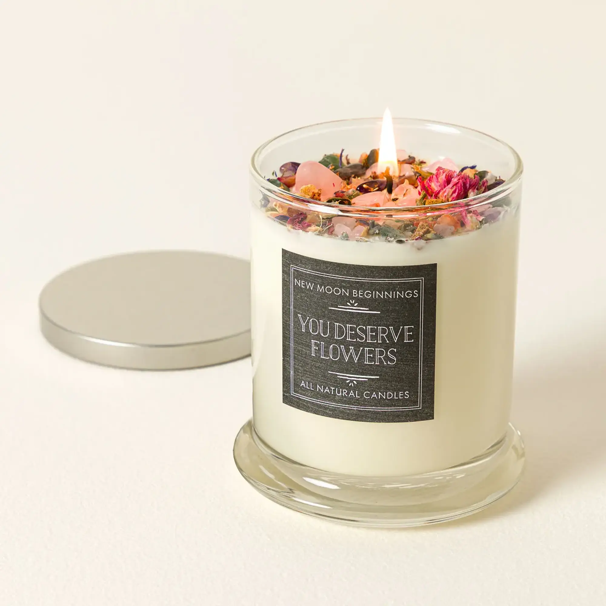 You Deserve Flowers Fragrance Glass Candle, Home Decor Centerpiece with Moss Accent