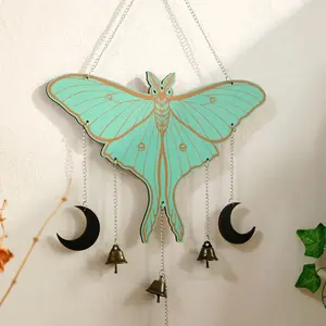 Luna Moth Design Wall Hanging Decor, Boho Style Wooden Art with Bell & Moon Charms, Mystical Nature-inspired Decoration for Home, Living Room, Bedroom, Ornaments