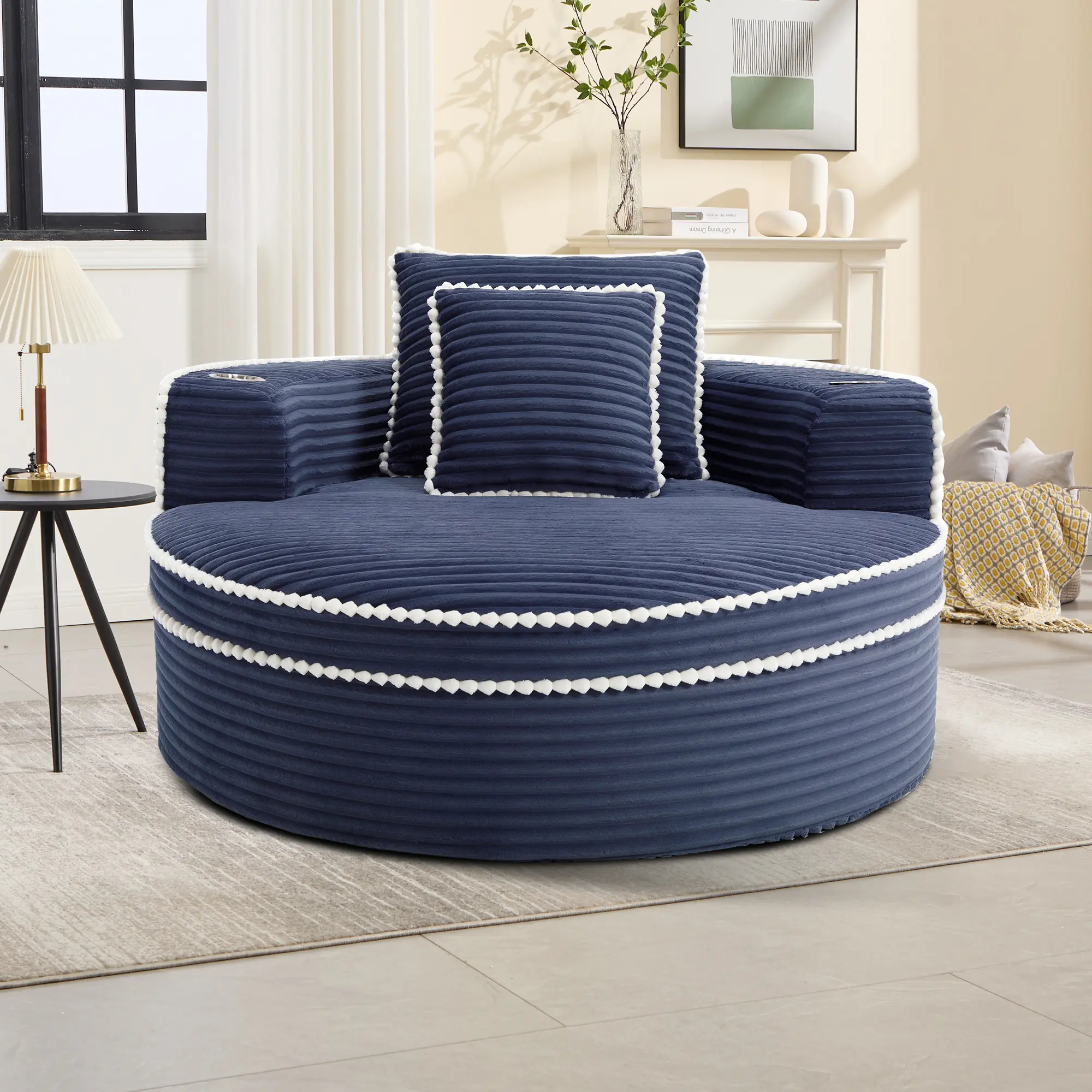 American Single Seat Memory Foam+Sponge Round Sofa Bed Sectional Couch - Compact Fit Living Room Cloud Couch with Cup Holder, 3 Pillows (Blue, Black, Dark Grey)