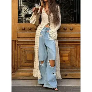 Women's Plain Hollow Out Button Front Cardigan, Chic Casual Breathable Elegance Fitted Flounce Sleeve Knitwear for Summer, Fashion Women's Knit Clothing for Daily Wear, Lightweight Knitwear, Lady Soft Casual Knitwear for Spring, Warmer