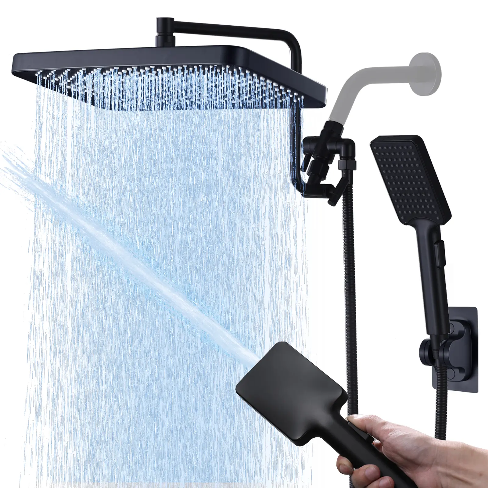 13 inch shower head, with hand-held spray combination, high-pressure waterfall shower head, with 12 inch adjustable extension arm, brass shower shunt (matte black)