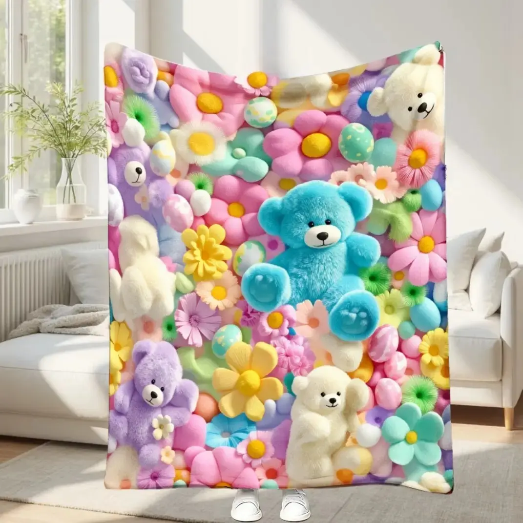 Pastel Teddy Bear-Floral Egg Graphic Print Flannel Throw Blanket - Ultra Soft Lightweight Polyester Cover, Traditional Stain Resistant Home Snuggle, Living Room Decor All-Season Thin Blanket for Kids & Adults