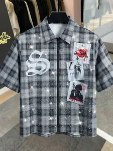 American Style Glitter Gingham Short Sleeve Shirt, Zipper Design, Street Print, Loose Shoulder Fit, Perfect for Daily Wear, Music Festivals, Dates