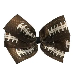 Football Hair Bow with Stitching Grosgrain Ribbon 5 Inches Game Day Accessory for Tailgating and Sports Events