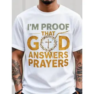 Men's Christian T-Shirt "I Am God's Response to Prayer" with Crown & Cross Design - Golden Lettering, Ultra-Soft Breathable Fabric, White/Black Round Neck Short Sleeve Shirt for Church, Easter, Christmas - Religious Apparel for Prayer Meetings