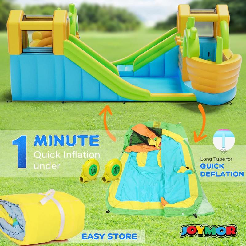JOYMOR Inflatable Water Slide Park, 2 Pirate-Boat Giant Water Slide Bounce House w/4 Water Cannons, Challenge Climbing Wall, 10-in-1 Water Slides for Kids Backyard Outdoor w/Blower, Up to 6 Kids