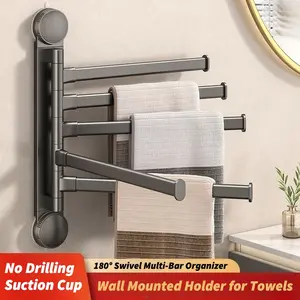 No Drilling Suction Cup Towel Rack - 180° Swivel Multi-Bar Bathroom Organizer - Wall Mounted Holder for Towels & Clothes - Heavy Duty Renter Friendly Hanger