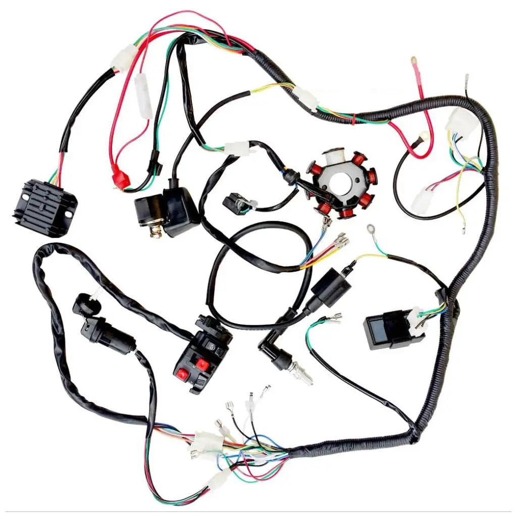 Electric Wiring Harness Assembly (Includes Wiring Harness, Twin Plug CDI, Magneto Stator, Coil, Spark Plug, Rectifier, Solinoid, Key Switch, Start Switch for 250cc ATV Go Kart Quad