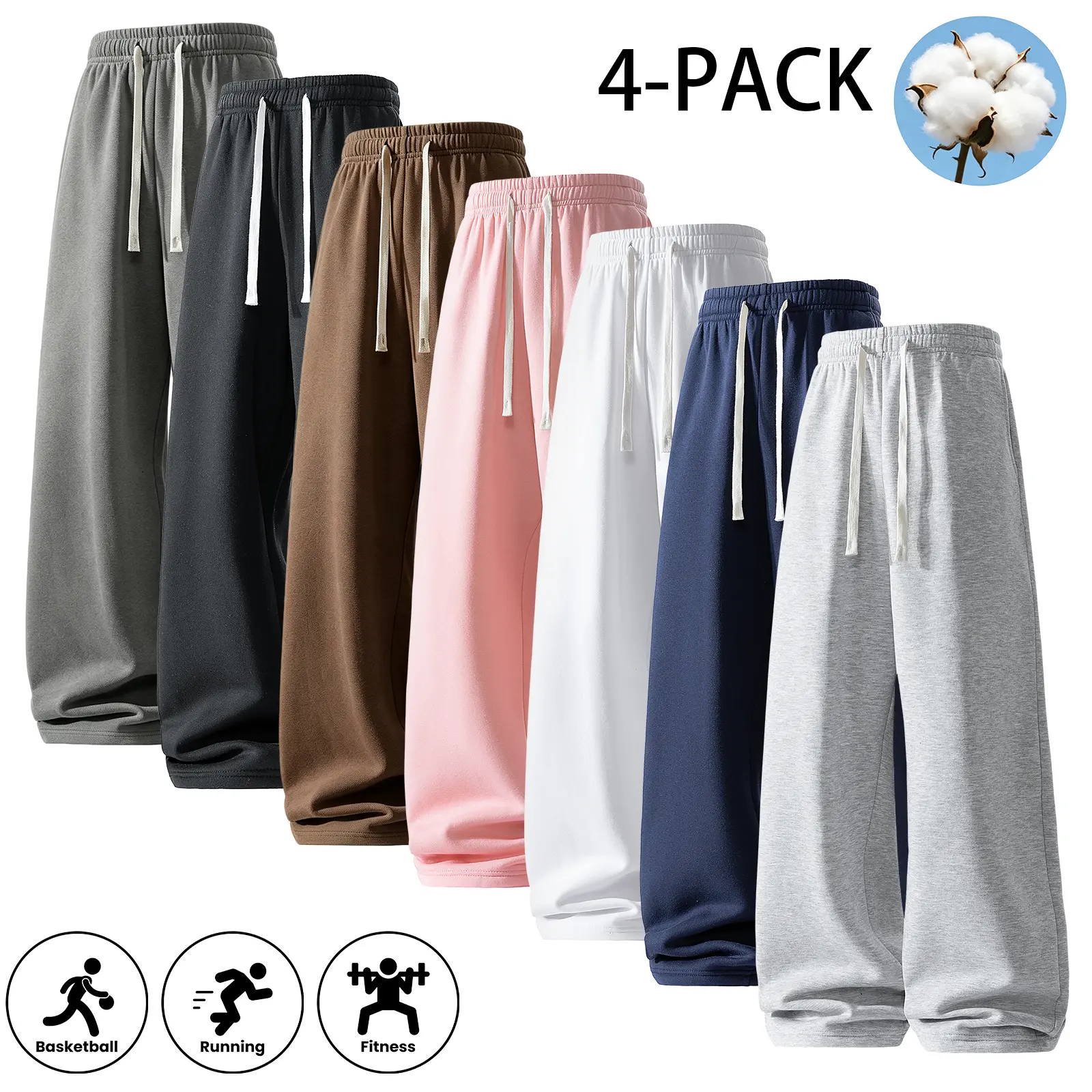 Men’s loose wide-leg pants, relaxed straight-cut drawstring athletic long pants made of cotton fleece for warmth, skin-friendly and comfortable