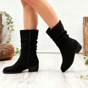 Women's Slouchy Mid-calf Boots Wide Calf Round Toe Low Chunky Block Heel with Side Zipper Fall Winter Girl Fashion Trendy Footwear Comfortable Jumping Boots Botas for Daily Wear