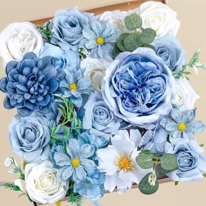 Artificial Blue Flowers Combo Box Set Baby Blue Rose Flowers Bulk Mix Dusty Blue Dahila Peonies Fake Silk Light Blue Flower Bouquets for Wedding Bridal Shower Table Centerpieces Home Party Decor