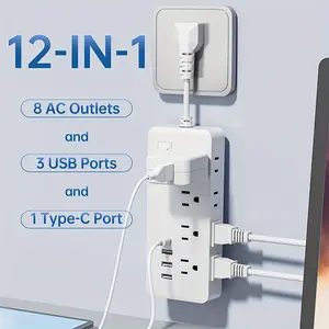 12 in 1 Power Strip 8 AC Outlets 3 USB Ports 1 Type C Surge Protection with Short Cable US Plug Black White for Office Home Travel
