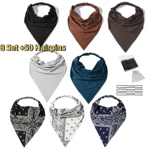 8 Pack Hair Scarf Headband for Women with Black Hair Pins Elastic Bandana Head Scarf Large Boho Triangle Kerchief with Clips Non Slip Scarves