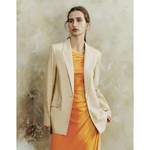 URBAN REVIVO 2026 Spring Lady's Chic Linen-Cotton Fabric Suit Blazer - Single-Breasted, Peak Lapel, V-Neck, A-Line Regular Fit, Long Sleeves, Elegant Layering Clothes