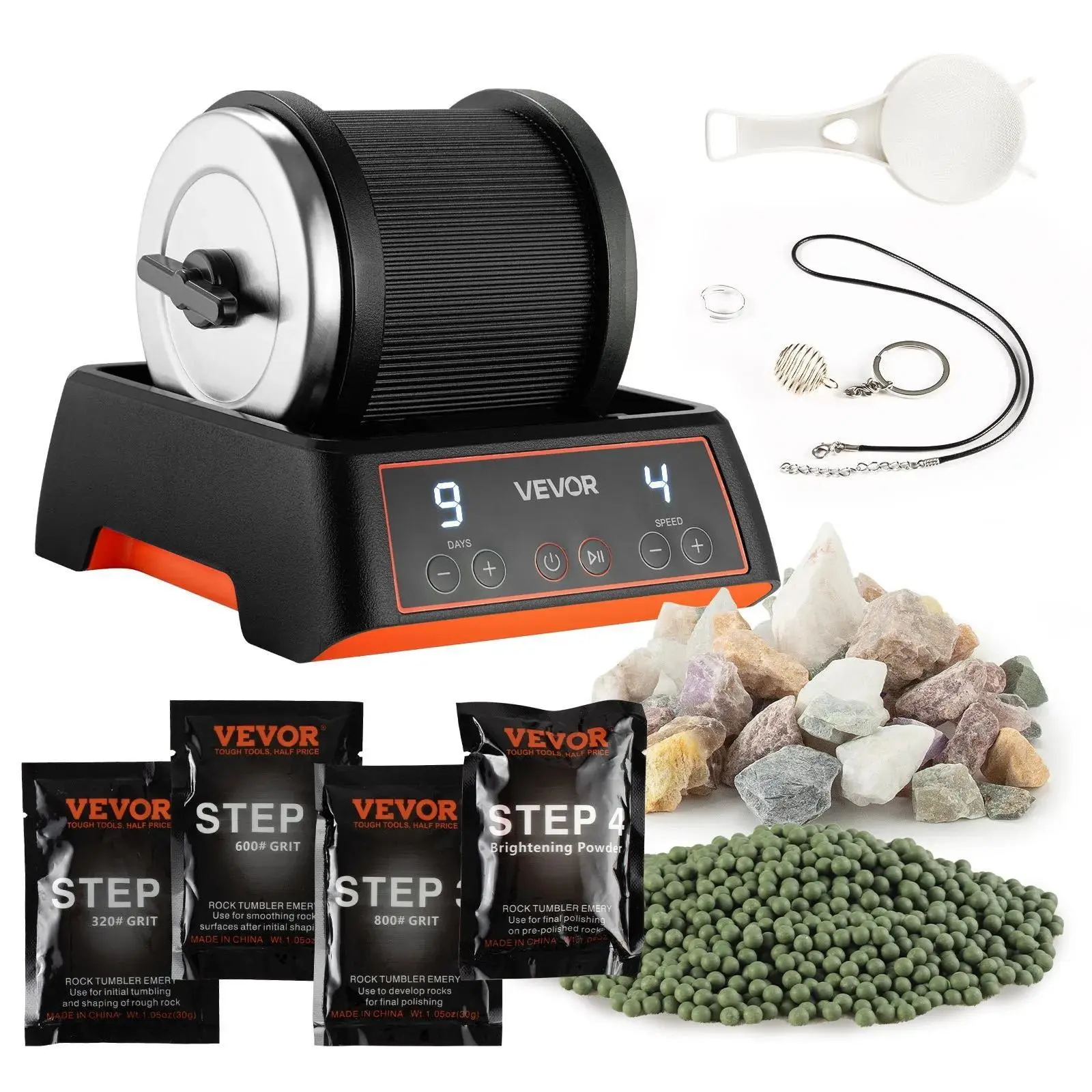 【Summerfinds】VEVOR Rock Tumbler Kit,  , 2 lbs Rock Polishing Kit, 4 Speed Settings 9-Day Polishing Timer Stone Polishing Kit, Rock Polisher with Rough Gemstones and Polishing Grits, Rock Polisher for Adults Kids
