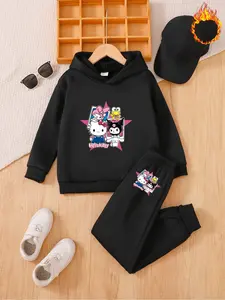 Girls' Trendy Cartoon Fall Winter Set, Hooded Sweatshirt with Cute Characters, Casual Fitted Jogger Pants, Perfect Gift for Kids