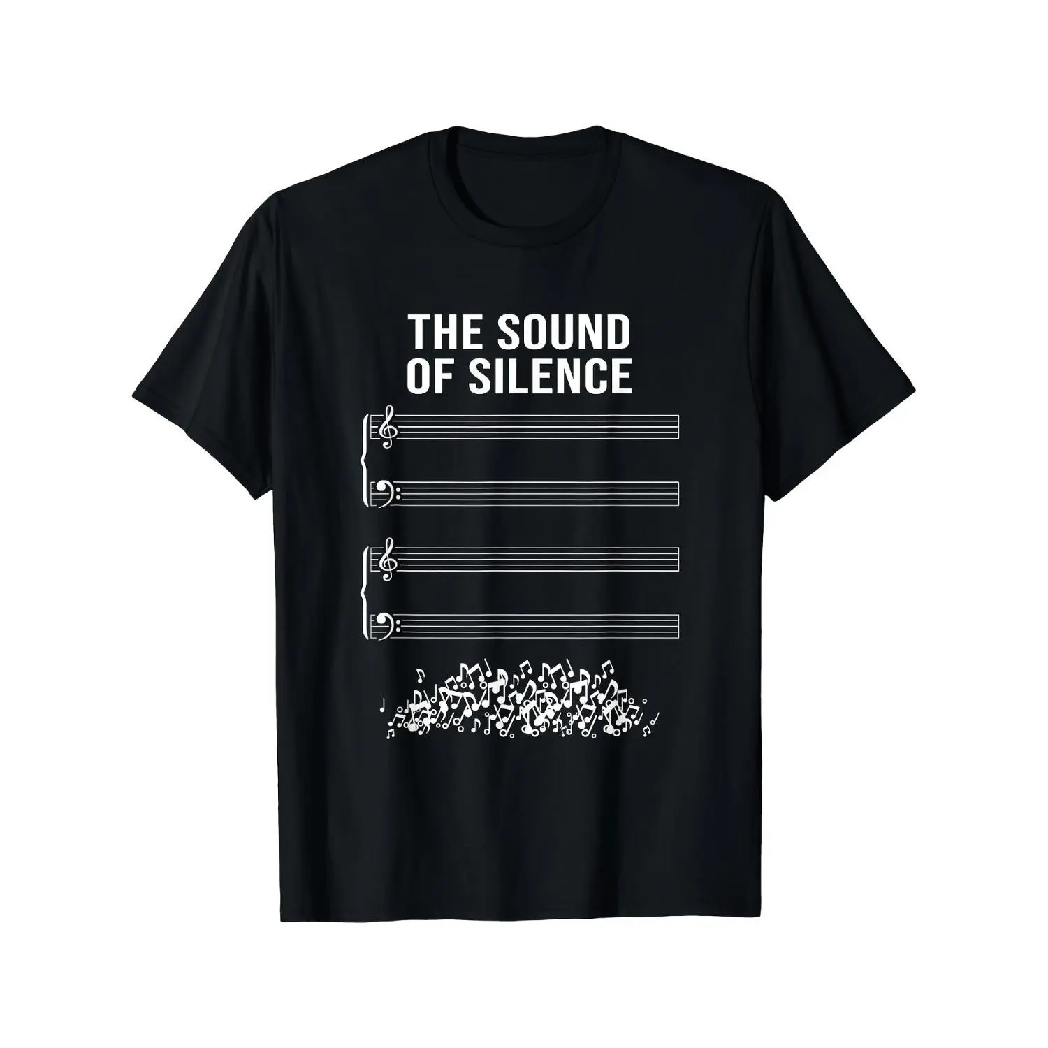 Power of Silence marching band pattern T-shirt - Black casual round-neck T-shirt, featuring musical symbols and drum designs, suitable for all seasons for comfort, adult regular fit, casual T-shirt | Round-neck shirt | Cotton shirt