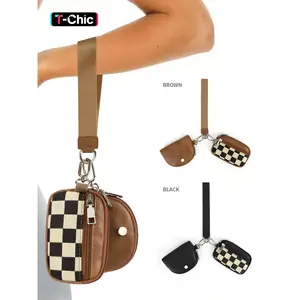 Women's Checkered Pattern Zipper Short Wallet with Detachable Keychain, Casual Versatile 2 in 1 Wristlet Wallet, Trendy All-match Card Holder for Daily Use, Zipper Coin Purse