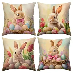 4pcs Easter Pillow Cover, Retro Cartoon Rabbit Easter Egg Pattern Pillowcase, 18 x 18 inches, suitable for decorating living rooms, bedrooms, Bedroom Accessories or holiday gifts, seasonal home decor cushion cover, Easter decoration (without pillow core)
