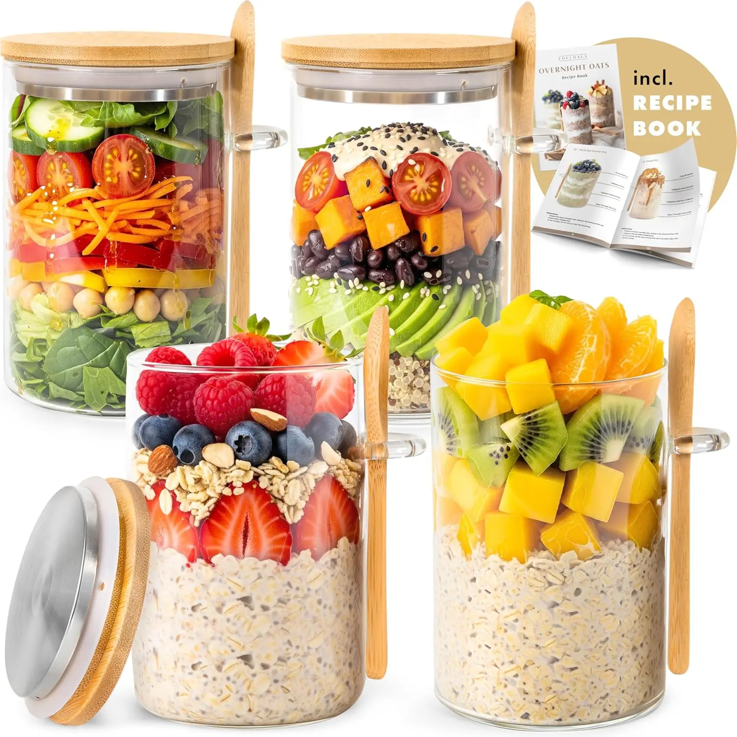 16oz Reusable Airtight Glass Canister Set (4-Pack) - Portable Leak-Proof Transparent Thick Jars with Lids and Wooden Utensils, Ideal for Food Prep, Cereal,techvibes