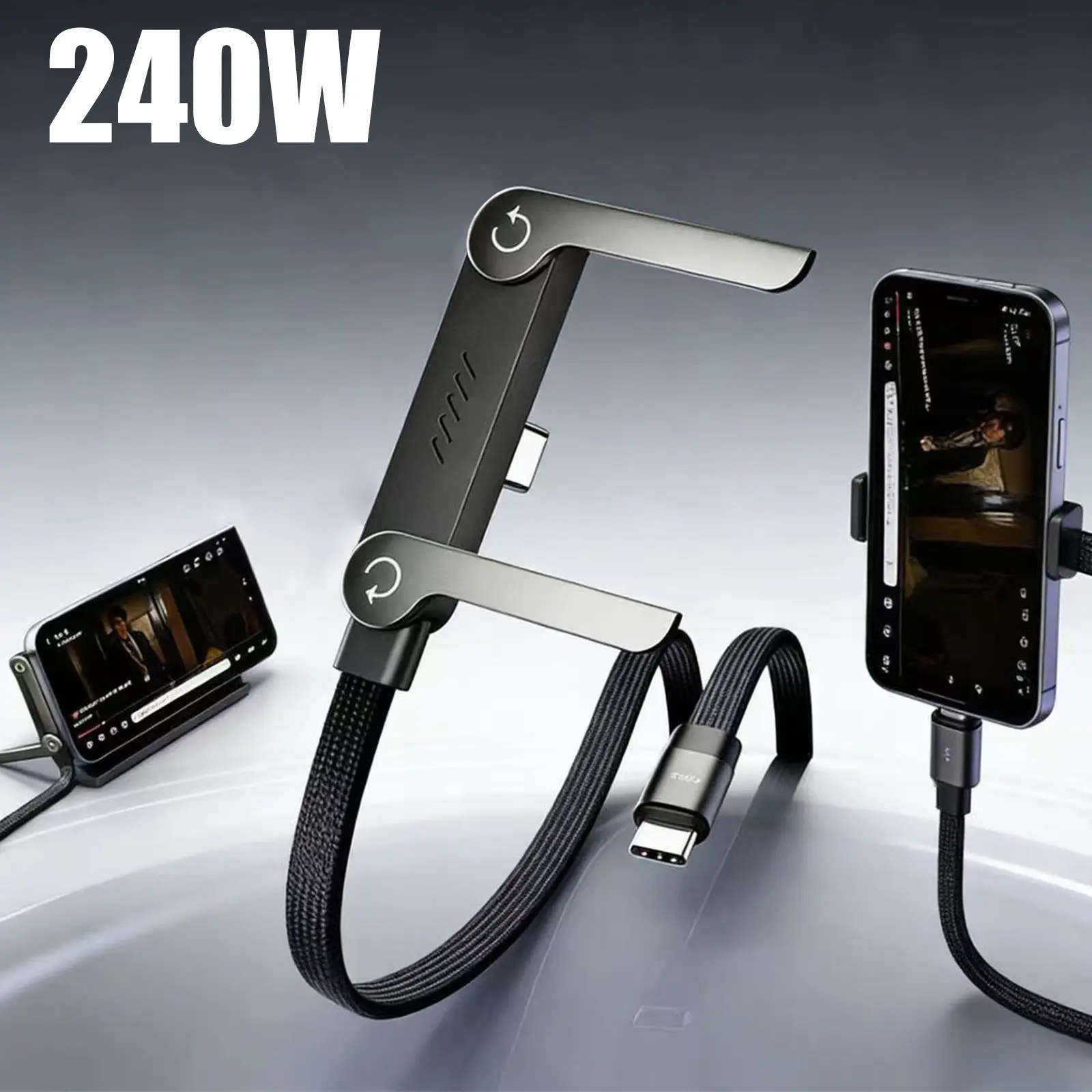 Invisible Holder Charger Cable with Stand, 240w Super Fast Charging 2-in-1 Fast Charging Cord & Phone Stand for Gaming, Office, Car Travel, Compatible with iPhone Lightning Cable, Samsung USB-C Charging Cable