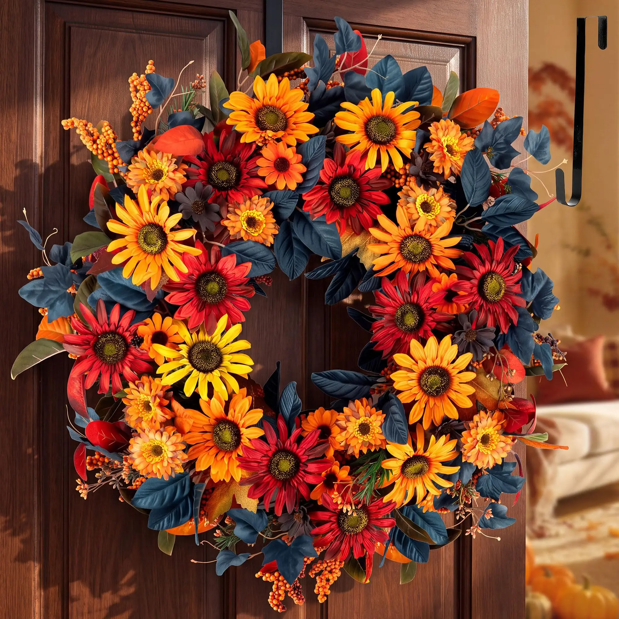 24in Sunflower Fall Wreaths with Hanger for Front Door Large Orange Artificial Autumn Wreaths for Thanksgiving Harvest Wreath Fireplace