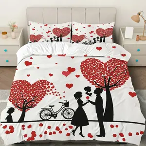 3PCS Duvet Cover Set, 1 Duvet+2 Pillowcases(Without filler), Romantic Heart Silhouette Bicycle Love theme, Valentine's bedding set, Romantic Cozy Soft Suitable for decoration Bedroom Hotel Guestroom Inn.