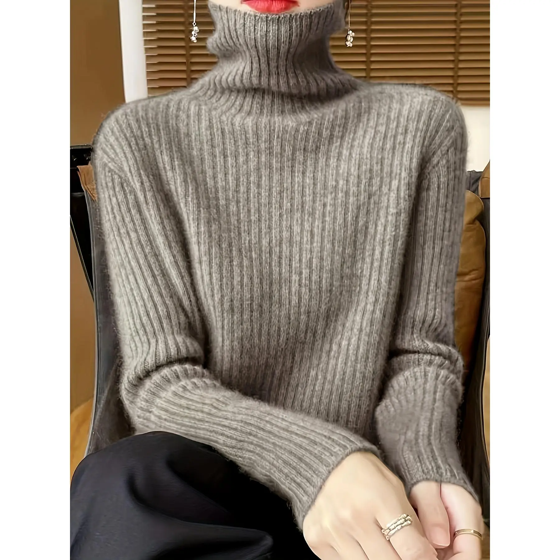 Women's Thick Winter Wool Sweater - High Neck Ribbed Turtleneck Pullover, H-Silhouette Regular Fit Long Sleeve, Solid Color Mid-Stretch Top for Fall & Winter Layering, Winter Sweaters, Casual Winter Wear, Elegant Texture, Durable Knitwear