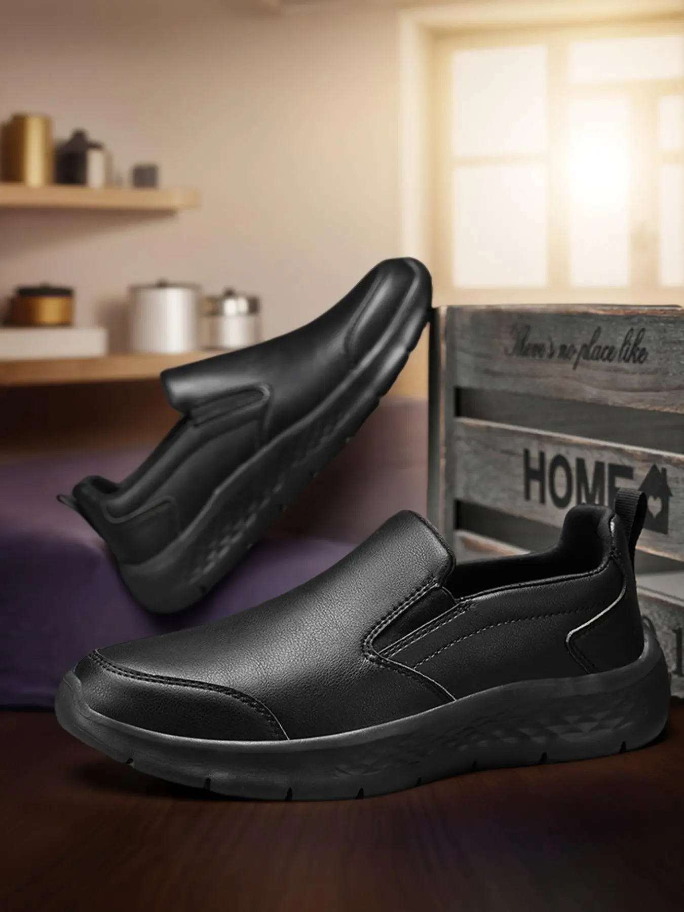 Men's Slip-On Leather Casual Work Shoes, Ultra-Lightweight Waterproof Non-Slip Design, Versatile All-Season Dress Footwear, Elegant Plain Loafers, Pu Leather Shoes