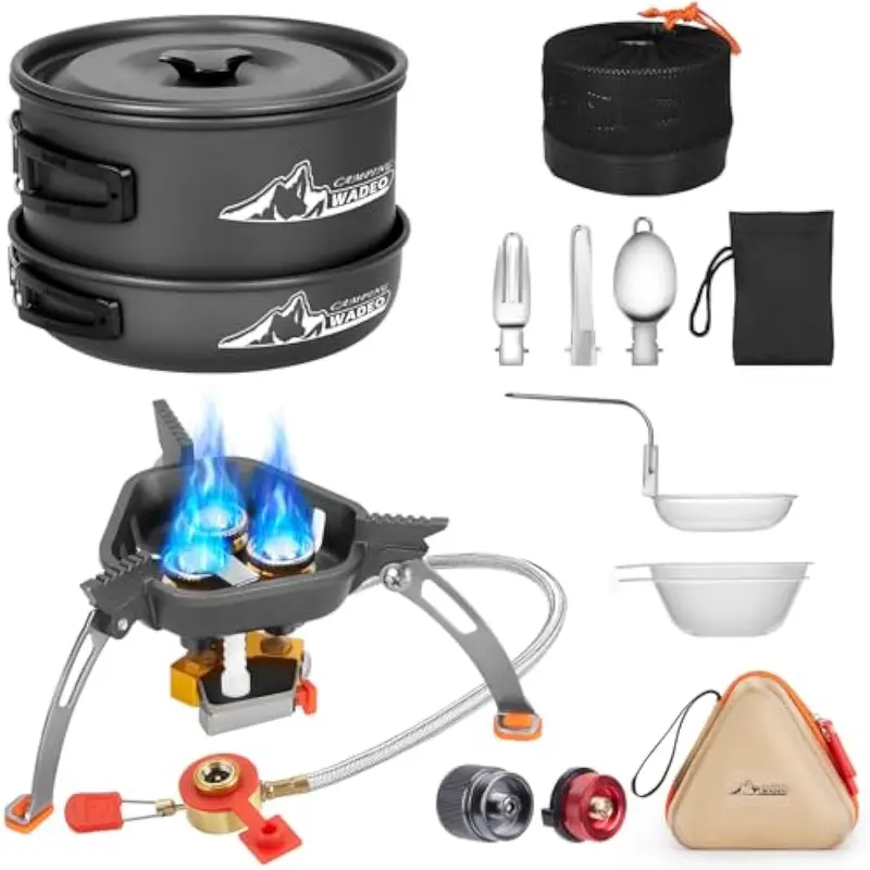WADEO Camping Kitchenware Mess Kit - 7200W Multi-Cooktop Portable Gas Can Backpacking Stove, 14PCS Non-Stick Pot Pan Set, Stainless Steel Utensils, Foldable Handle Outdoor Cooking Station, Mesh Bag, Compact for Backpacking, Picnic