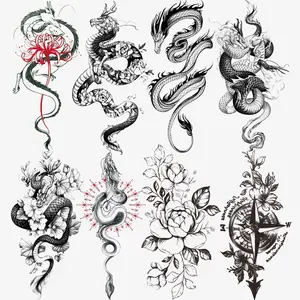 8 Sheets Totem Peony Temporary Tattoo Stickers, Waterproof Long-Lasting Designs with Dragon Snake Compass, Easy Apply & Remove, Waterproof Temporary Tattoos