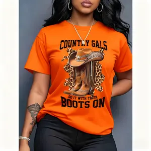 100% Cotton Women's Orange T - Shirt "Country Gals Do It With Their Boots On" Cowboy Hat And Boots Graphic Tee Western - Themed And Fun Top With 5 Colors Available For Casual Daily Wear Country Events And Fashion - Forward Style Statements
