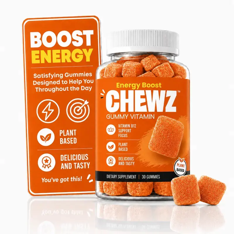 CHEWZ Focus & Energy Gummies / Lion's Mane + Ginseng + B12 / Vegan Tropical Pineapple, 30 Count
