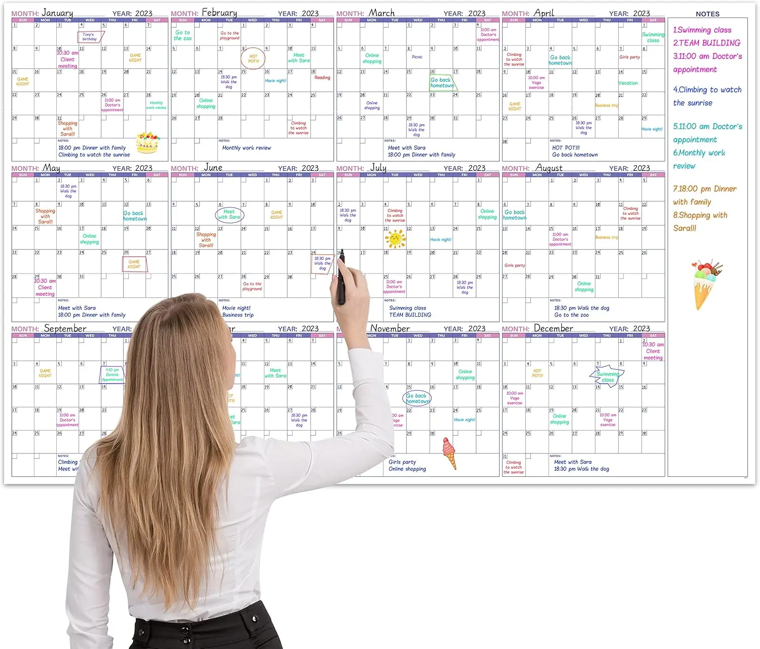 Large Dry Erase Calendar for Wall – Undated Yearly Wall Calendar Dry Erase, 37" x 58", 12-Month Erasable & Reusable Laminated Wall Calendar, Dry Erase Wall Calendar for Home, Office and School