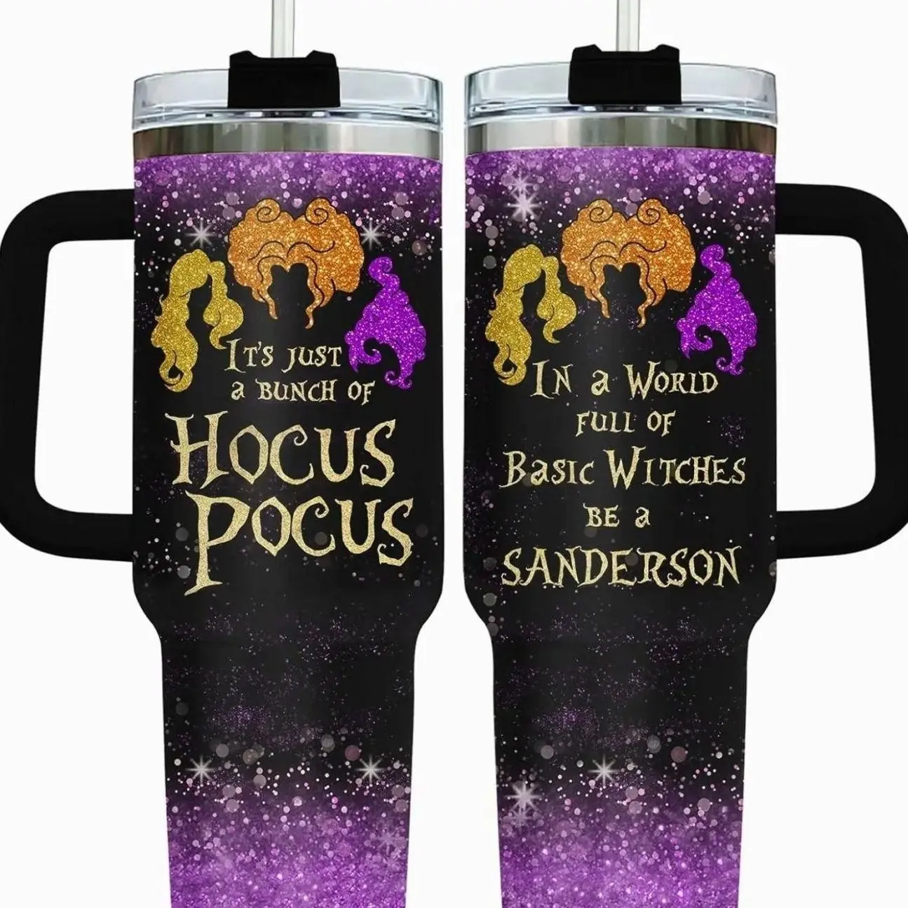 Gradient Purple Glitter Sanderson Sisters Glitter Hair Silhouette Hocus Pocus Witch Quote Print 40oz Stainless Steel Insulated Tumbler with Black Handle Lid Straw, Witchy Movie Fan Travel Coffee Mug, Halloween Christmas