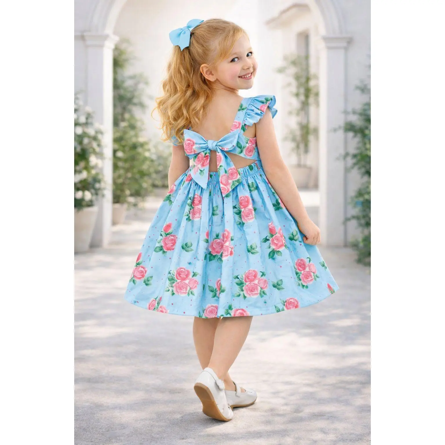 HILEELANG Toddler Little Girls Blue Floral Dress Summer Cotton Twirl Dress with Adjustable Back Bow Tie Ruffle Sleeves Square Neck Sundress for Girls 2-8Y Birthday Party Vacation Outfit