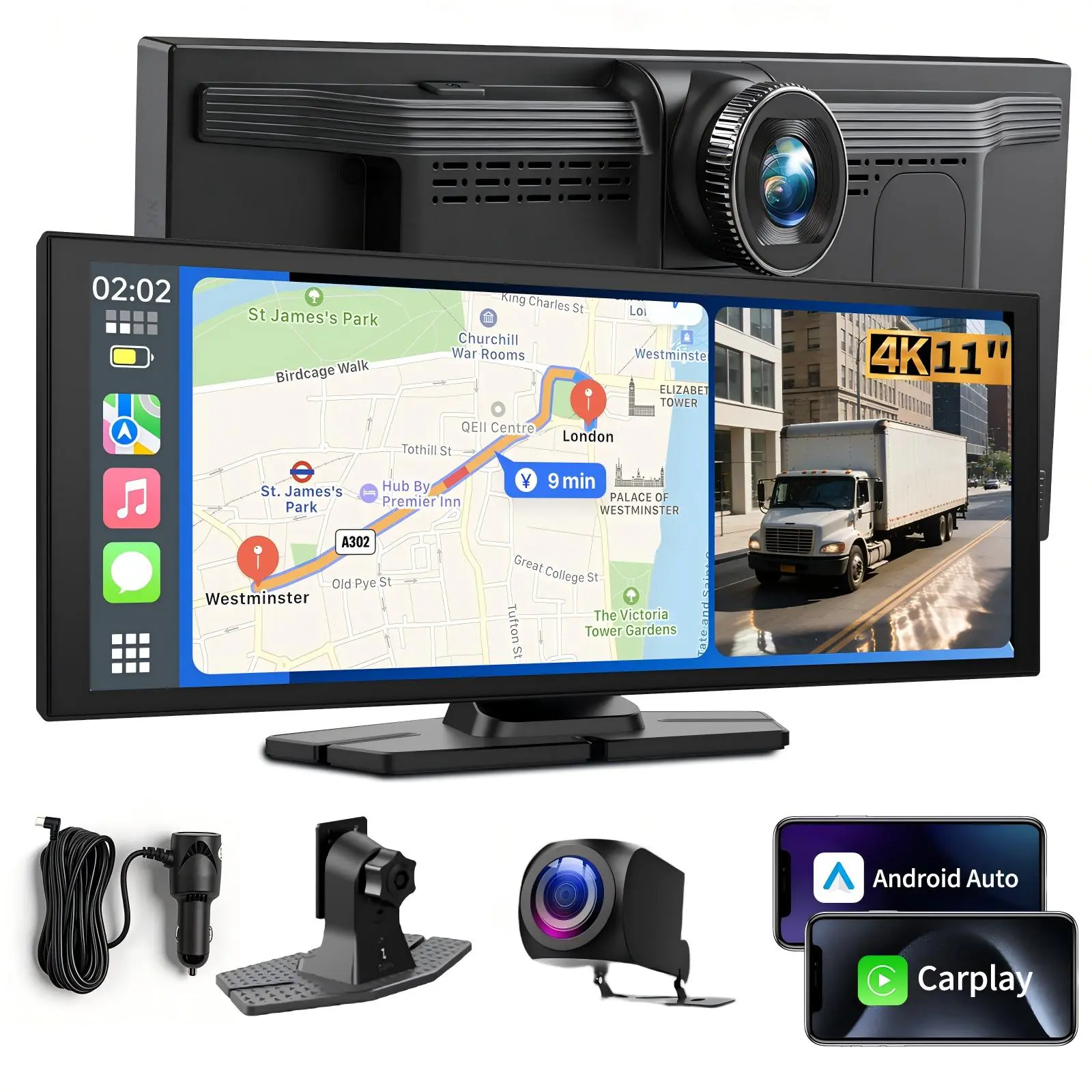 ConewVehicle Portable Apple Carplay Screen,11.4" Big Touch Screen,Car Stereo Wireless CarPlay & Android Auto,4K Dash Cam,supports Youtube/Netflix/TikTok Apps with 1080P Parking Backup Camera, Mirror Link/Voice Control/Music Play/GPS Navigation