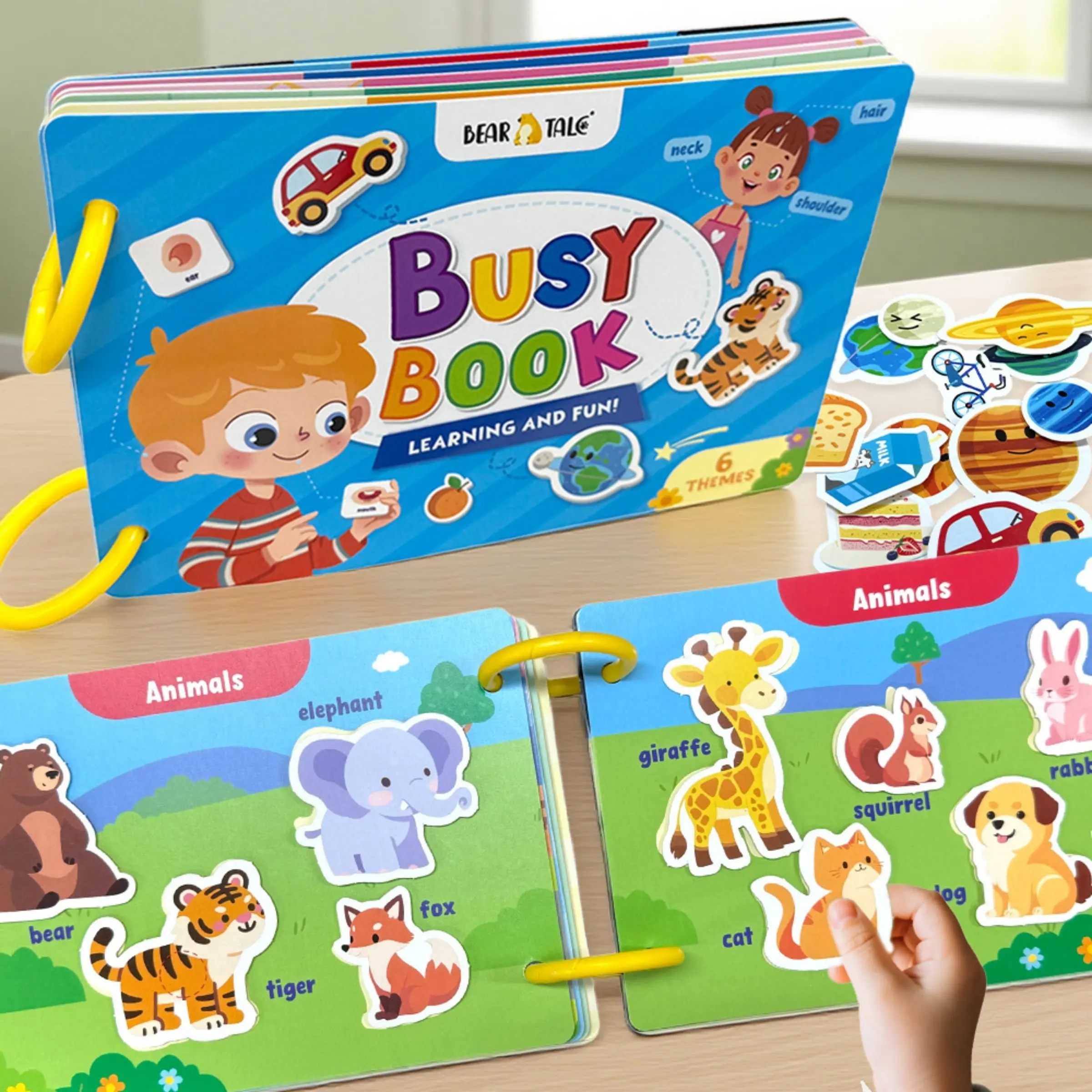 6-in-1 Interactive Activity Book for Toddlers—A hardcover early learning book and preschool educational tool, Preschool Learning Materials, Teaching Supplies, covering topics such as the human body, animals, food, and emotions, Stickers