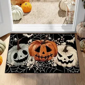1PC Dark Halloween Door Mat with Spiderweb and Pumpkin Skulls on a Black Background, Durable, Fun Outdoor/Indoor Entry Mat, Bedside Rugs, Bathroom Rugs, Small Floor Mats Suitable for Spring/Summer/Fall/Winter,,, and also as a Halloween Gift