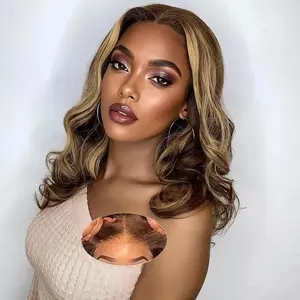 Highlight Ombre Lace Front Wig Human Hair Pre Plucked 4x4 HD Transparent Body Wave Lace Front Wigs Human Hair with Baby Hair 150% Density P4/27 Honey Blonde Lace Front Wig Human Hair for Women Skunk Stripe Human Hair Wig Wear & Go Glueless Closure Wig