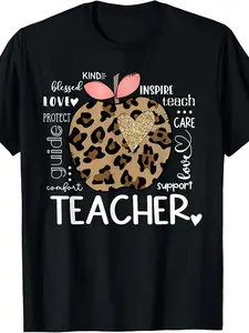 Teacher Life Teacher'S Day & Back to School T-Shirt - Unisex Retro Graphic Tee with Leopard Apple & Inspirational Teacher Words, 220gsm Heavyweight Pure, with Pink Lettering, All-Season Fit for Men & Women, Educator Apparel Gift