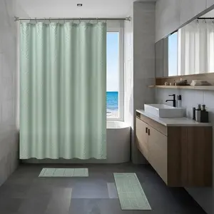 15-Piece Navy Stripe Shower Curtain Bathroom Set – Fabric Curtain with Hooks and Two Bath Rugs