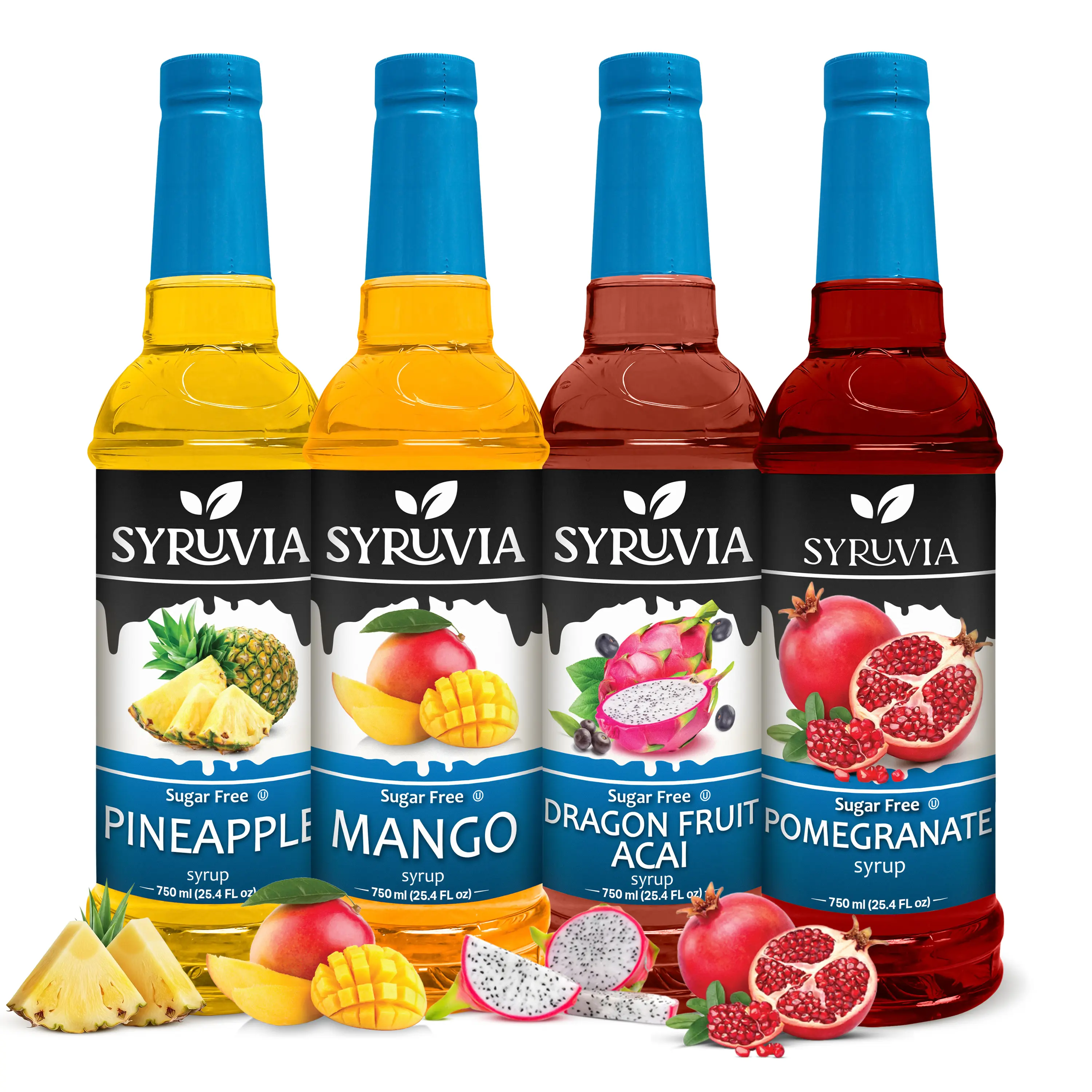 Syruvia Sugar Free Syrup, Fruit Flavors Variety Pack – Pineapple, Mango, Dragon Fruit & Pomegranate – Gluten-Free, Kosher, 25.4 fl oz Bottles – Great for Coffee Beverages, Cocktails & Mocktails (Pack of 4)
