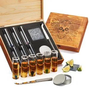 Tequila Gift Box Shot Glass & Salt Gift Set for Men & Women | Six Agave Shot Glasses, Knife For Limes, One Skull Coaster, One Salt Tin | Skeleton Sugar Skull Wooden Box Wood Package For Tequila Lovers