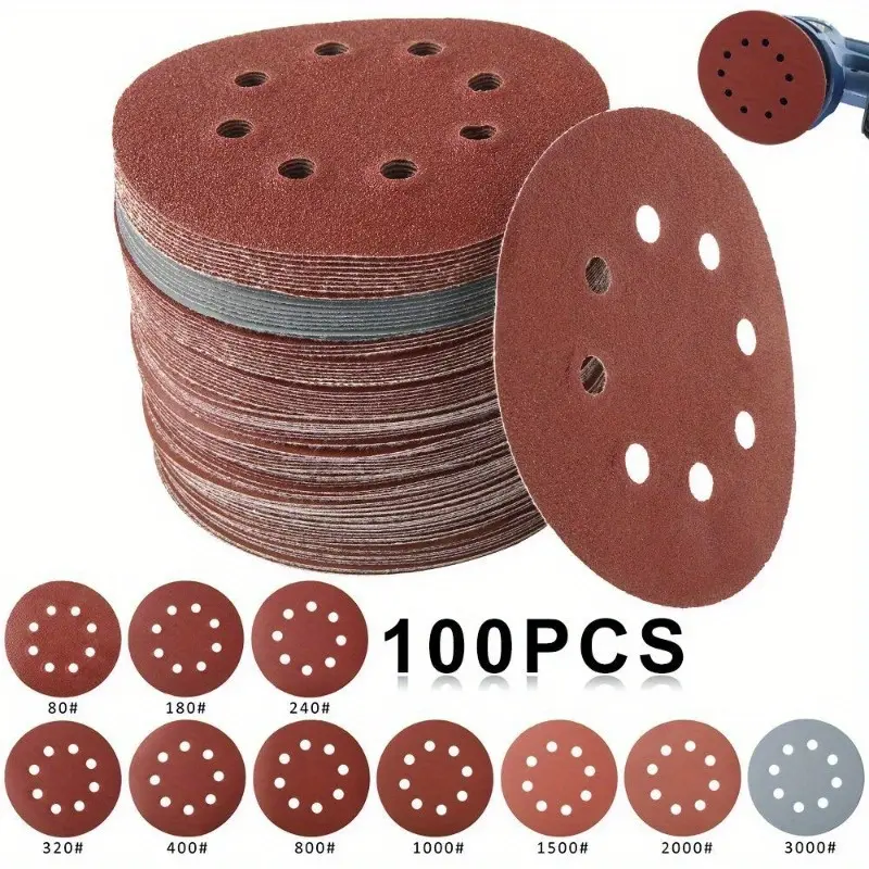 100 pieces of 5-inch (125mm) round sandpaper, 8-hole sanding paper, 80/180/240/320/400/800/1000/1500/2000/3000 grit, - perfect for use with random orbital sanders!