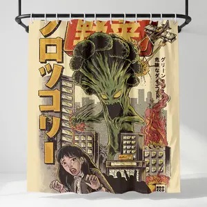 Funny Broccoli Monster Shower Curtain, Vintage Kaiju Movie Poster Art, Quirky Retro City Scenery Aesthetic Bathroom Decor